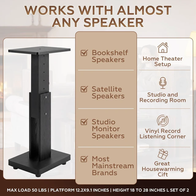 Alt view image 6 of 7 - 2 Pcs Height Adjustable Speaker Stands Heavy Duty 50 Lbs Wood Vinyl Record Player Stands Pair for Studio Housewarming Home Decoration(18-28",Black)