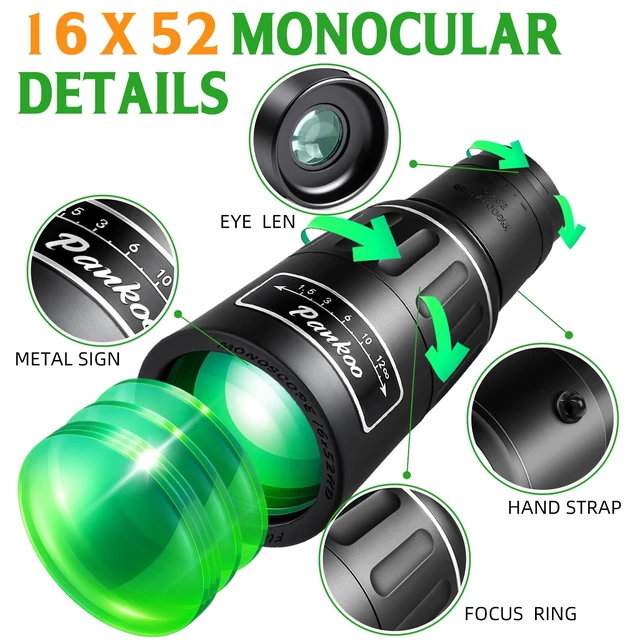 Alt view image 2 of 7 - 16X52 High Powered Monocular Telescope for Adults - Power Prism, Compact HD Scope, Perfect for Gifts, Hiking, Concert, Travelling & Bird Watching