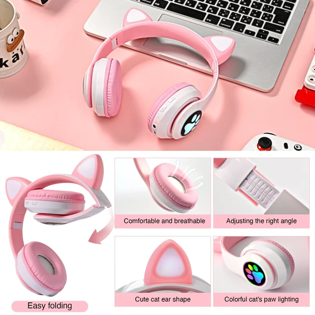 Alt view image 6 of 7 - Kids Bluetooth Headphones, Foldable Cat Ear Headphones with Mic Glowing RGB Cat Ears and Paws, 10-Hour Playtime, and Foldable Comfort Make This the Ultimate Gift for Girls