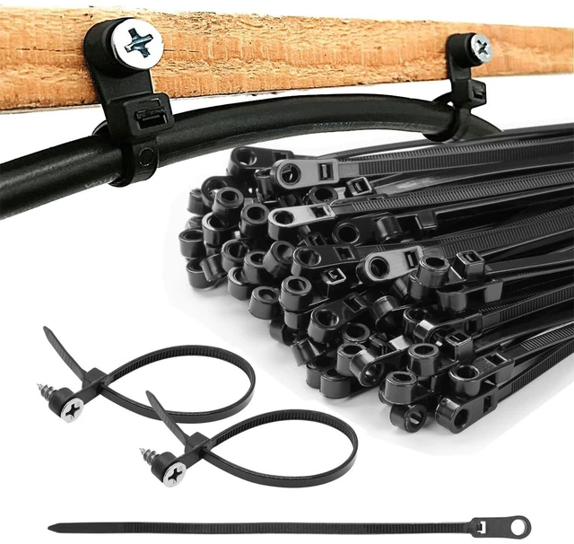 Main image of 8in Black Zip Ties with Screw Hole, 75lbs Nylon Heavy Duty Zip Ties with Screw Mounting Hole, Mountable Head Cable Ties Straps, for Indoor and Outdoor Cable Management (200, 8in)