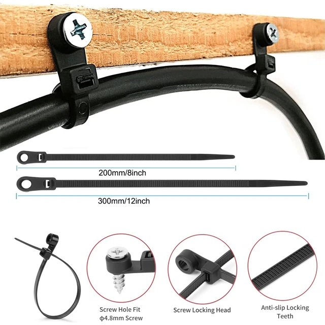 Alt view image 2 of 6 - 8in Black Zip Ties with Screw Hole, 75lbs Nylon Heavy Duty Zip Ties with Screw Mounting Hole, Mountable Head Cable Ties Straps, for Indoor and Outdoor Cable Management (200, 8in)