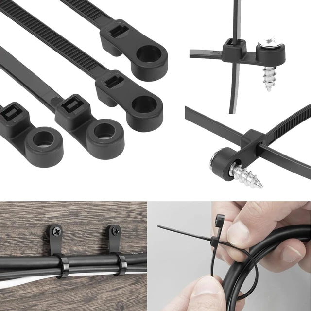 Alt view image 4 of 6 - 8in Black Zip Ties with Screw Hole, 75lbs Nylon Heavy Duty Zip Ties with Screw Mounting Hole, Mountable Head Cable Ties Straps, for Indoor and Outdoor Cable Management (200, 8in)