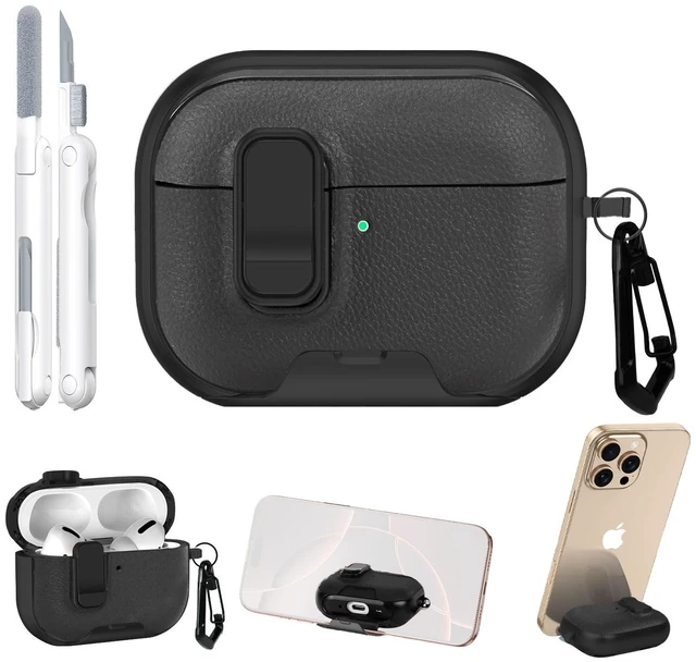 Main image of for AirPods Pro 3 Case with Cleaner Kit, Checker Cover, Lock & Stand Premium Black Leather Texture, Secure Lock, Built-In Phone Stand, Carabiner Keychain & Full-Body Shockproof Protection
