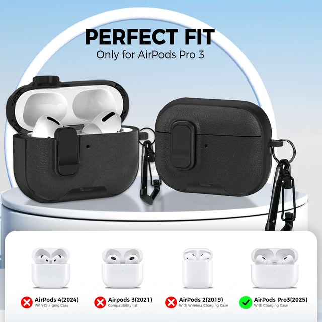 Alt view image 2 of 7 - for AirPods Pro 3 Case with Cleaner Kit, Checker Cover, Lock & Stand Premium Black Leather Texture, Secure Lock, Built-In Phone Stand, Carabiner Keychain & Full-Body Shockproof Protection