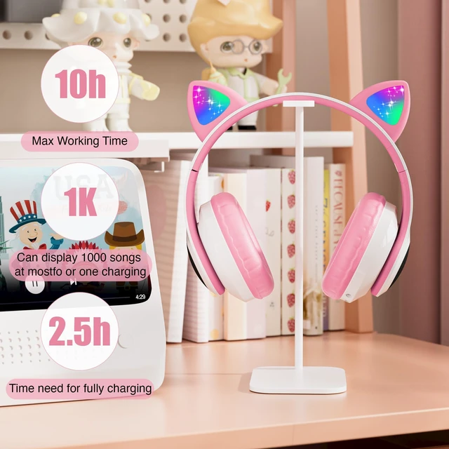 Alt view image 7 of 7 - Kids Bluetooth Headphones, Foldable Cat Ear Headphones with Mic Glowing RGB Cat Ears and Paws, 10-Hour Playtime, and Foldable Comfort Make This the Ultimate Gift for Girls