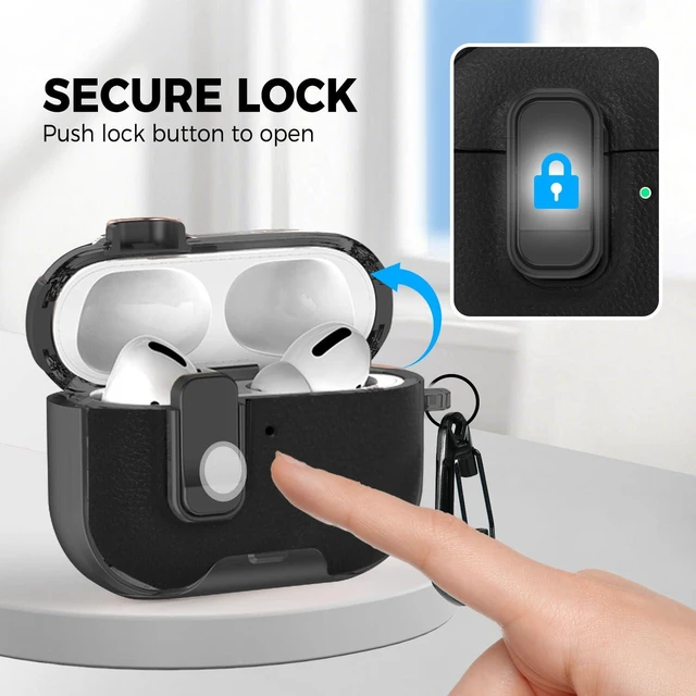 Alt view image 3 of 7 - for AirPods Pro 3 Case with Cleaner Kit, Checker Cover, Lock & Stand Premium Black Leather Texture, Secure Lock, Built-In Phone Stand, Carabiner Keychain & Full-Body Shockproof Protection