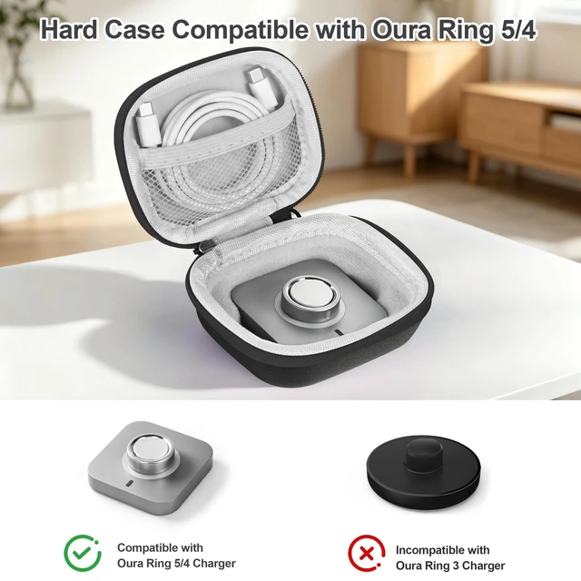 Alt view image 2 of 7 - Protective Travel Case for Oura Ring 5/Gen 4, Full Protection Black Crush Resistant & Anti-Lost and Shock-proof Hard Case, Portable Bag organizer for Oura Ring, Charging Dock & Charging Cable