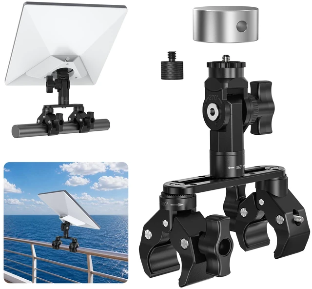Main image of Adjustable Dual Clamp Pole Mount for Starlink Mini & Mini X Aluminum Dual Clamp RV Roof Rack Mount Bracket 270° Rotation, 1/4"-20 to 3/8"-16 Adapter for Tripod, Pole, Boat & Camping