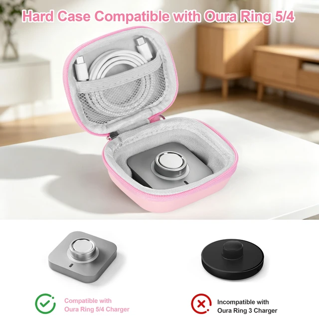 Alt view image 2 of 7 - Protective Travel Case for Oura Ring 5/Gen 4, Full Protection Pink Crush Resistant & Anti-Lost and Shock-proof Hard Case, Portable Bag organizer for Oura Ring, Charging Dock & Charging Cable