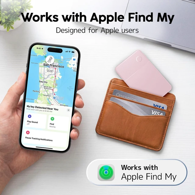 Alt view image 2 of 7 - Slim Rechargeable Wallet Tracker Card Ultra-Thin Item Locator for Wallet, Luggage & Passport, Compatible with iOS (iOS Only) (Pink)
