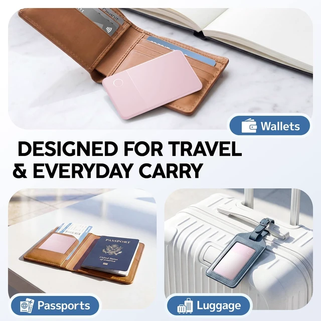 Alt view image 3 of 7 - Slim Rechargeable Wallet Tracker Card Ultra-Thin Item Locator for Wallet, Luggage & Passport, Compatible with iOS (iOS Only) (Pink)