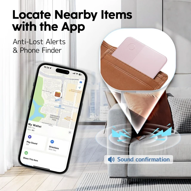 Alt view image 4 of 7 - Slim Rechargeable Wallet Tracker Card Ultra-Thin Item Locator for Wallet, Luggage & Passport, Compatible with iOS (iOS Only) (Pink)