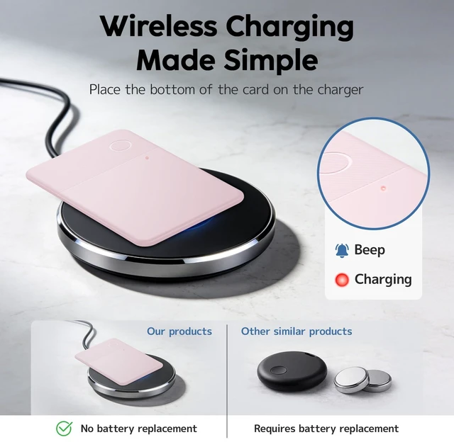 Alt view image 7 of 7 - Slim Rechargeable Wallet Tracker Card Ultra-Thin Item Locator for Wallet, Luggage & Passport, Compatible with iOS (iOS Only) (Pink)