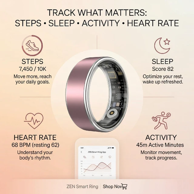 Alt view image 5 of 7 - Smart Ring Size 9, Fitness HR SpO2 Sleep Tracker, Pink, iOS Android