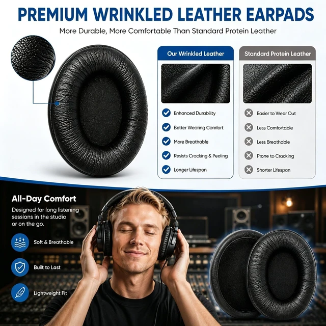 Alt view image 3 of 7 - Replacement Ear Pads for Sony MDR-7506, Earpad Cushions with Noise Isolation Memory Foam Premium Leather for Sony MDR V6 / MDR V7 / MDR-CD900ST Headphones (Bright Black)