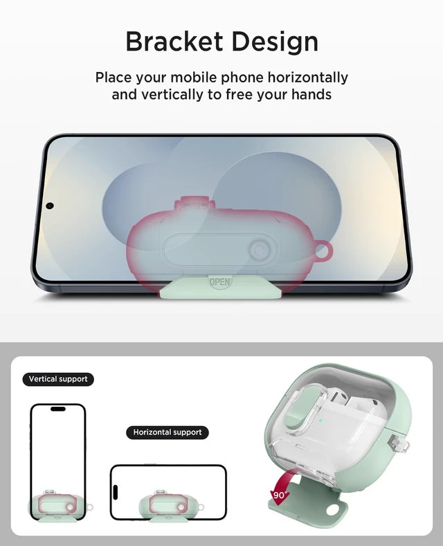 Alt view image 4 of 7 - for Samsung Galaxy Buds 3/Buds3 pro/Buds3 FE Case with Phone Stand, Full Body Shockproof Secure Lock Clip Protective Cover for Galaxy Buds 3/Buds3 pro/Buds3 FE with Carabiner(Mint Green)