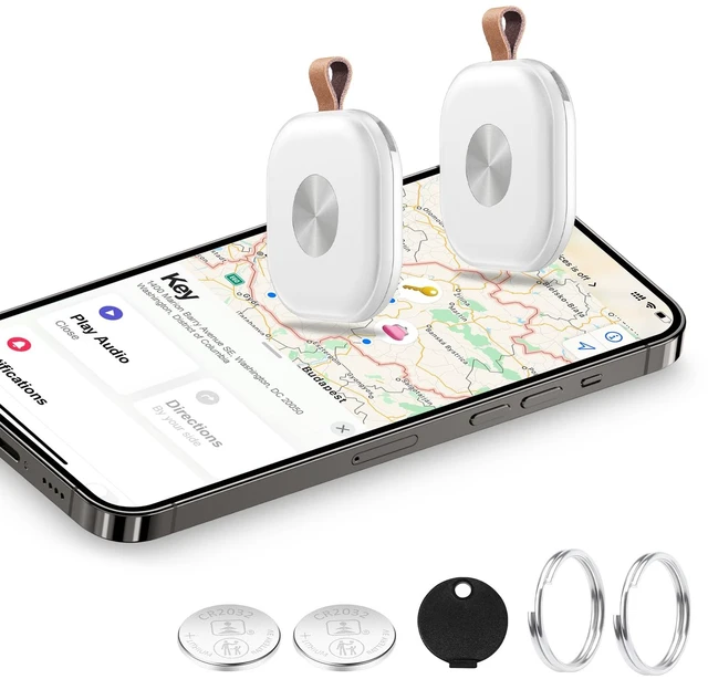 Main image of 2-Pack Air Tracker Key Finder Works with Apple Find My (iOS Only), White Worldwide tracking locator for keys, bags, suitcases, and wallets. Effortlessly pairs with iOS Find My app for quick tracking