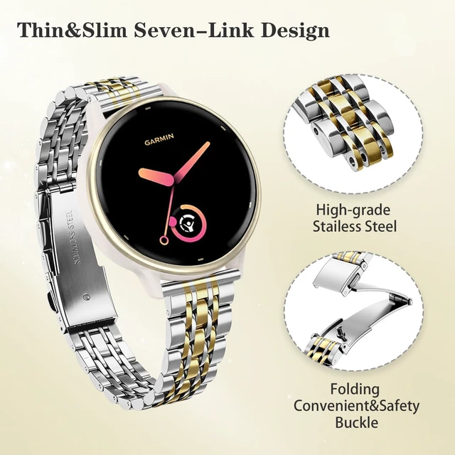 Alt view image 2 of 7 - Watch Band for Garmin Vivoactive 5/6/Forerunner 165/55/70/170 20mm Slim Seven-Link Metal Stainless Steel Adjustable Wristband Bracelet for Garmin Approach S12/Venu Sq 2 Women Men