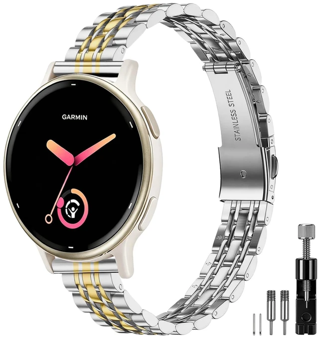 Main image of Watch Band for Garmin Vivoactive 5/6/Forerunner 165/55/70/170 20mm Slim Seven-Link Metal Stainless Steel Adjustable Wristband Bracelet for Garmin Approach S12/Venu Sq 2 Women Men