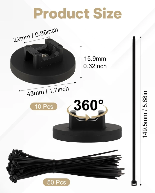 Alt view image 2 of 6 - Magnetic Zip Tie Mount Wire Cable Holder 10 Pcs 43mm Magnetic Cable Zip Tie Base with 50 Pcs Heavy Duty Zip, Multipurpose Wire Clips Management Base, Black
