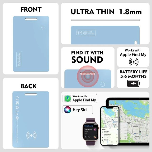 Alt view image 2 of 7 - MFi Certified Wallet Tracker Card for Apple Find My, Ultra Slim Rechargeable & IP68 Waterproof Item Finder Locator Tag to Find Lost Wallets, Keys, Luggage (Blue, 1 Pack)