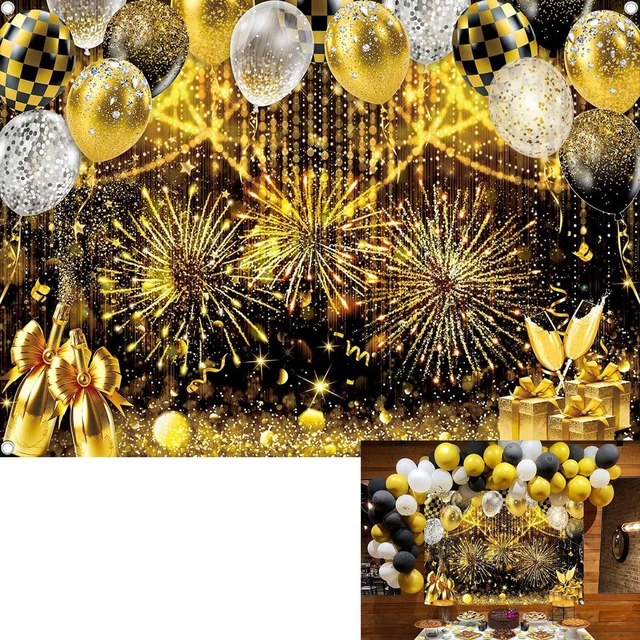 Main image of Black Gold Glitter Backdrop Black and Gold Ballon Photography Background Prom New Years Wedding Birthday Party Decoration Banner Photo Supplies (Gold, 8x6FT(94 x 70 inch))