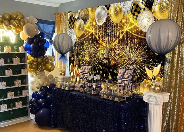 Alt view image 4 of 7 - Black Gold Glitter Backdrop Black and Gold Ballon Photography Background Prom New Years Wedding Birthday Party Decoration Banner Photo Supplies (Gold, 8x6FT(94 x 70 inch))