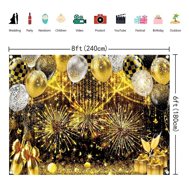 Alt view image 5 of 7 - Black Gold Glitter Backdrop Black and Gold Ballon Photography Background Prom New Years Wedding Birthday Party Decoration Banner Photo Supplies (Gold, 8x6FT(94 x 70 inch))