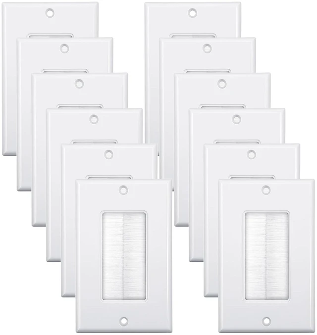 Main image of 12 Pack Brush Wall Plate, Cable Pass Through Insert for Wires Multimedia Pass-Through Insert, Single Gang Cable Access Strap, Wall Socket, 4.50" x 2.75", White, 24 Screws Included