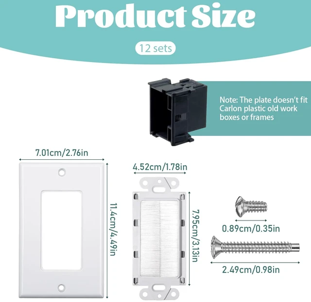 Alt view image 2 of 7 - 12 Pack Brush Wall Plate, Cable Pass Through Insert for Wires Multimedia Pass-Through Insert, Single Gang Cable Access Strap, Wall Socket, 4.50" x 2.75", White, 24 Screws Included
