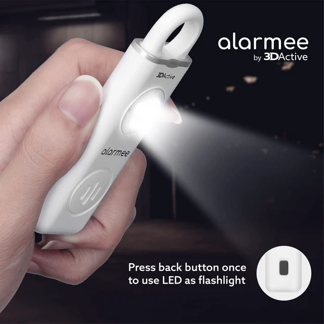 Alt view image 3 of 4 - Alarmee Personal Safety Alarm for Women Kids Teens & Seniors 130dB Loud Emergency Alarm Rechargeable Self Defense Device with LED Light Portable Keychain for Travel & Night Safety - White