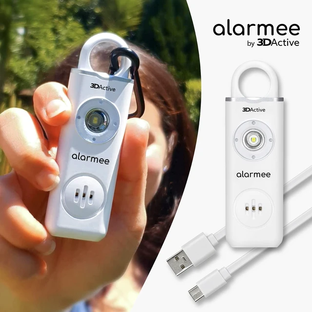 Alt view image 4 of 4 - Alarmee Personal Safety Alarm for Women Kids Teens & Seniors 130dB Loud Emergency Alarm Rechargeable Self Defense Device with LED Light Portable Keychain for Travel & Night Safety - White
