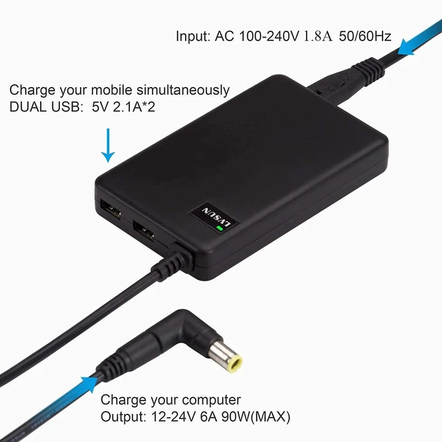 Alt view image 3 of 7 - Universal Laptop Charger 90W Slim AC Adapter Power Supply Cord with Dual USB Ports 5V2.1A for Mobile Tablet Compatible with Lenovo HP Toshiba Samsung Acer Asus and Most Notebooks, DC 18.5-20V