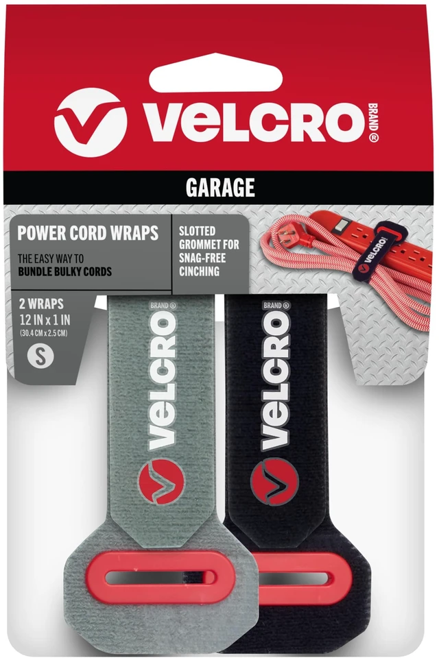 Main image of Power Cord Wraps, Slotted Grommet, 12 Inch, 2 Pack Heavy Duty Straps For Extension Cords; Snag-Free Cinching For Garage, RV, Workshop Organization and Storage; Black and Gray