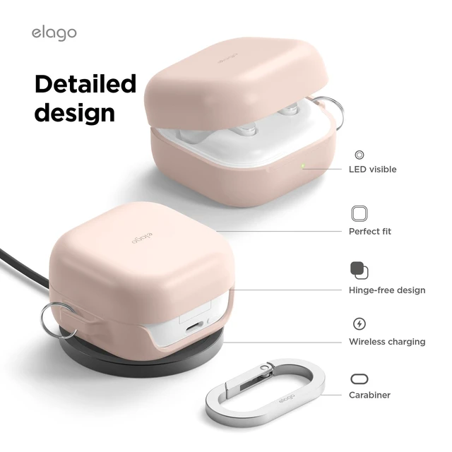 Alt view image 6 of 7 - Silicone Case for Galaxy Buds 4 Pro & Galaxy Buds 4 Premium Silicone Cover with Carabiner, Full Protection, Wireless Charging, Headphone Accessories, Unisex (Sand Pink)