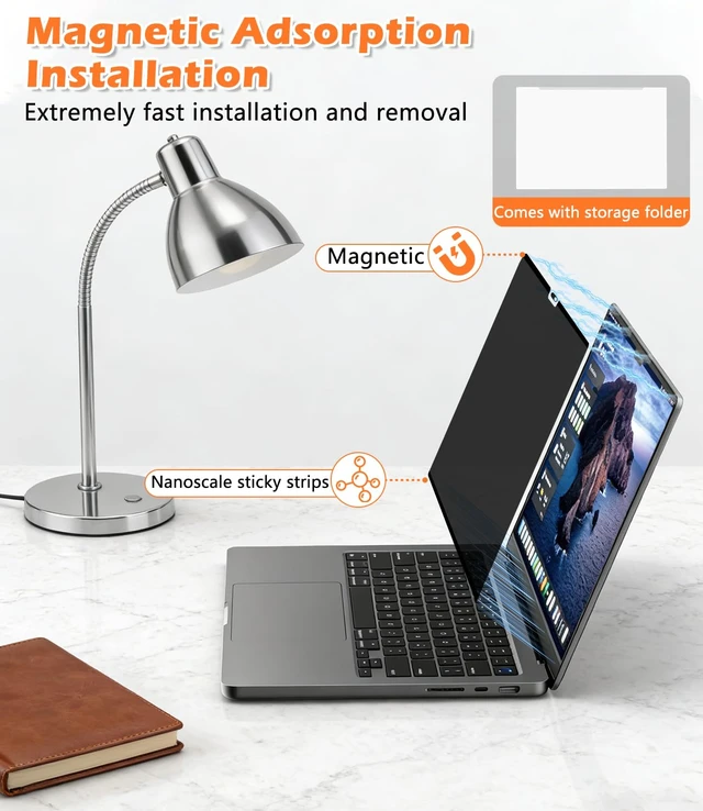 Alt view image 3 of 7 - Magnetic MacBook Privacy Screen for MacBook Pro 16 & 16.2 Inch 2021-2024 (M1, M2, M3, M4, Pro, Max), Removable & Reusable Magnetic Anti-Glare Matte Protector Private Filter Filter with Lens Cover