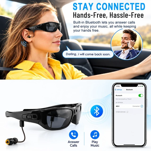 Alt view image 4 of 7 - Bluetooth Camera Sunglasses, 1080P HD Wearable Video Camera Glasses, Hands-Free Recording for Cycling, Driving, Fishing & Travel