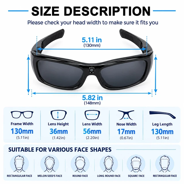 Alt view image 6 of 7 - Bluetooth Camera Sunglasses, 1080P HD Wearable Video Camera Glasses, Hands-Free Recording for Cycling, Driving, Fishing & Travel
