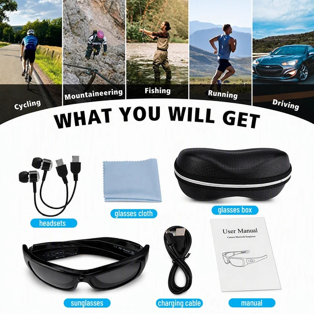 Alt view image 7 of 7 - Bluetooth Camera Sunglasses, 1080P HD Wearable Video Camera Glasses, Hands-Free Recording for Cycling, Driving, Fishing & Travel