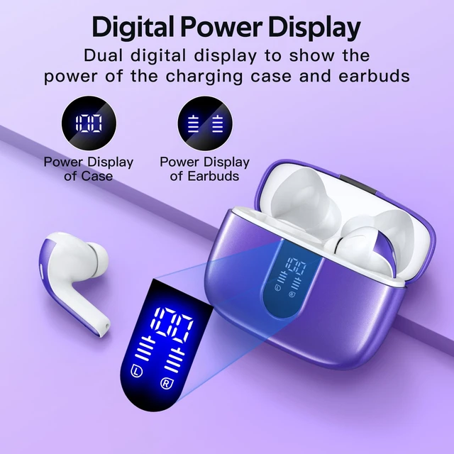 Alt view image 4 of 7 - 2 Sets X08 Forest Green and Phantom Purple Bluetooth Headphones True Wireless Earbuds 60H Playback Ear Buds with Wireless Charging Case in-Ear Earbuds with Mic