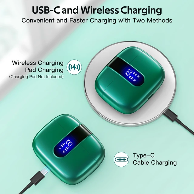 Alt view image 5 of 7 - 2 Sets X08 Forest Green and Phantom Purple Bluetooth Headphones True Wireless Earbuds 60H Playback Ear Buds with Wireless Charging Case in-Ear Earbuds with Mic
