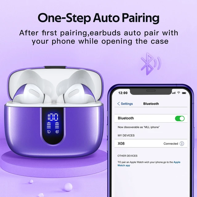 Alt view image 7 of 7 - 2 Sets X08 Forest Green and Phantom Purple Bluetooth Headphones True Wireless Earbuds 60H Playback Ear Buds with Wireless Charging Case in-Ear Earbuds with Mic