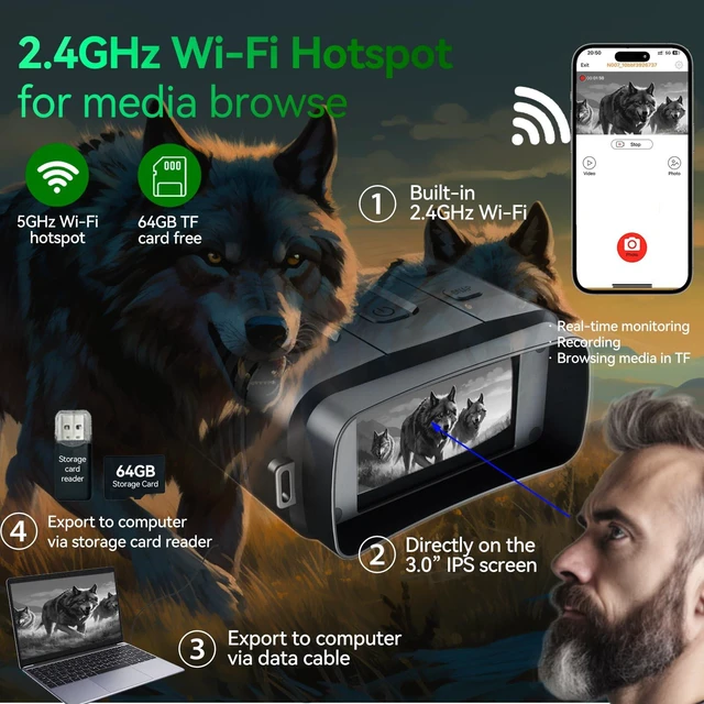 Alt view image 5 of 7 - 4K Night Vision Goggles for Adults - Binoculars (Black & White) Night Binoculars with Night Vision, 4K Video with Sound, 42MP Photo, 3" IPS Display, 64GB TF Card Included, 2.4GHz WI-FI