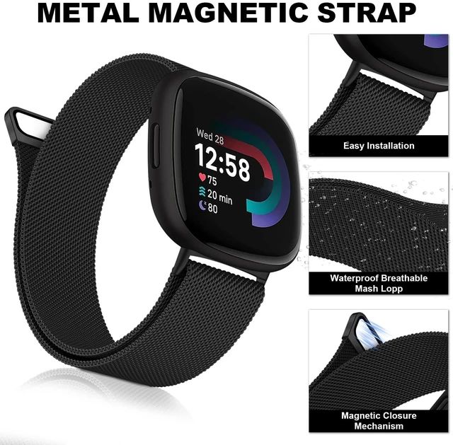 Alt view image 3 of 7 - 3 Pack Metal Band Compatible for Fitbit Versa 4/3/Sense 2/1 Stainless Steel Magnetic Design,Mesh Loop Strap for Women Men