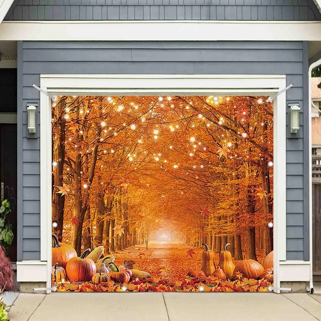 Main image of 1PC 8x7ft Fall Thanksgiving Garage Door Banner Decorations Autumn Pumpkin Maple Leaves Photography Backdrop, Home Outdoor Hanging Cover, Harvest Party Supplies, Polyester, With Ribbon
