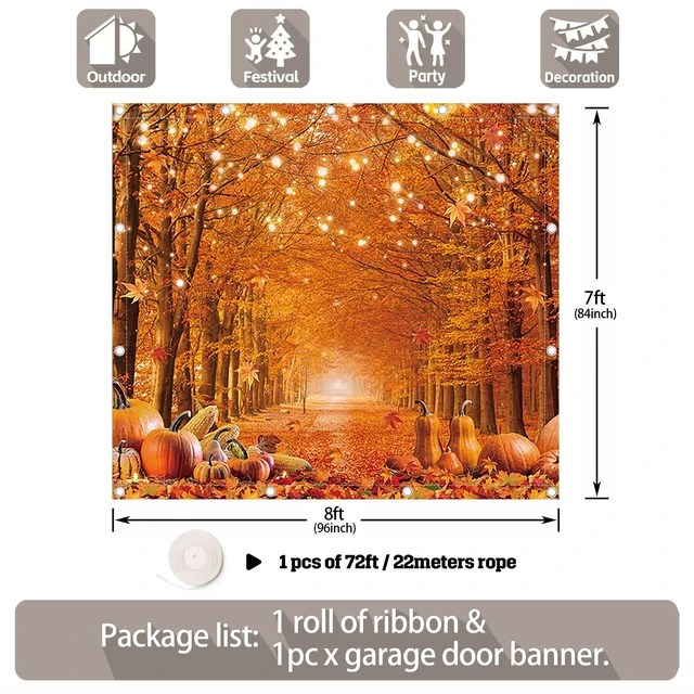 Alt view image 2 of 5 - 1PC 8x7ft Fall Thanksgiving Garage Door Banner Decorations Autumn Pumpkin Maple Leaves Photography Backdrop, Home Outdoor Hanging Cover, Harvest Party Supplies, Polyester, With Ribbon