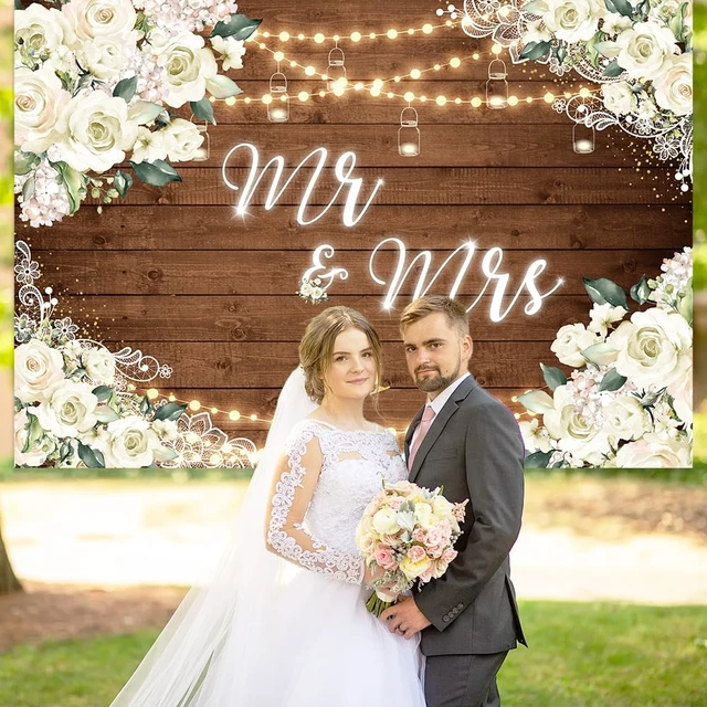 Alt view image 2 of 7 - 8x6ft Mr and Mrs Bridal Shower Backdrop Wedding Decorations Rustic Wooden Floral Bride and Groom Background Bridal Shower Decorations Anniversary Photo Booth Banner
