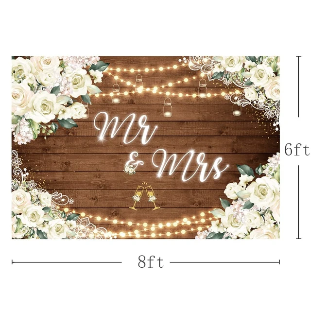 Alt view image 3 of 7 - 8x6ft Mr and Mrs Bridal Shower Backdrop Wedding Decorations Rustic Wooden Floral Bride and Groom Background Bridal Shower Decorations Anniversary Photo Booth Banner