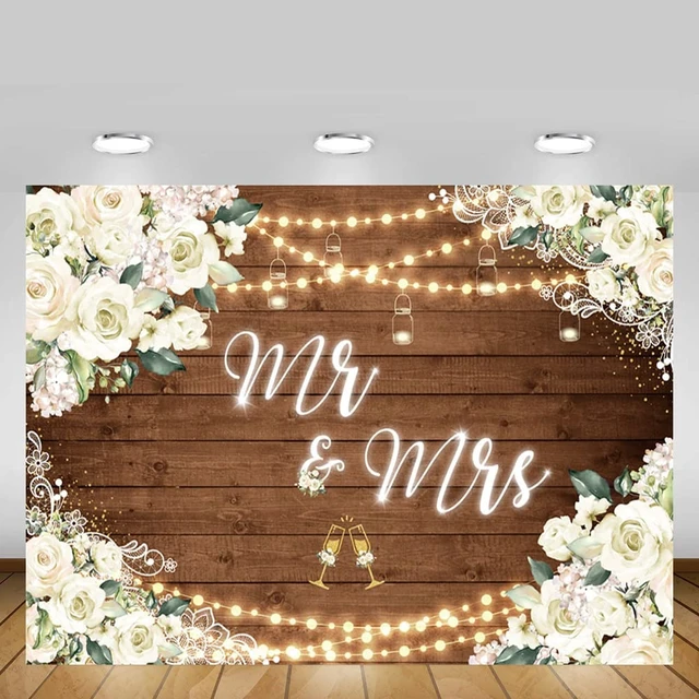 Alt view image 5 of 7 - 8x6ft Mr and Mrs Bridal Shower Backdrop Wedding Decorations Rustic Wooden Floral Bride and Groom Background Bridal Shower Decorations Anniversary Photo Booth Banner