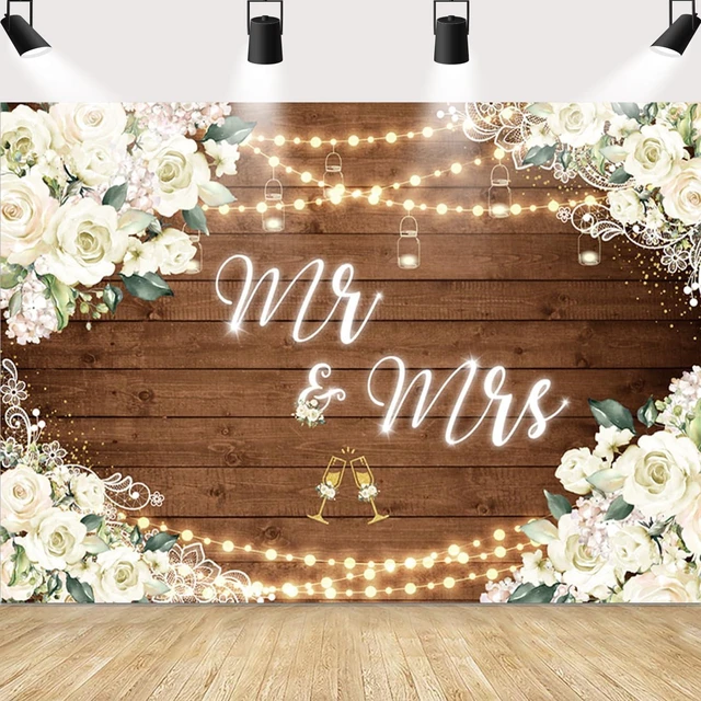 Main image of 8x6ft Mr and Mrs Bridal Shower Backdrop Wedding Decorations Rustic Wooden Floral Bride and Groom Background Bridal Shower Decorations Anniversary Photo Booth Banner